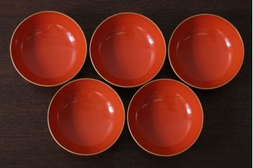 アンティーク雑貨　和製アンティーク　上品な花鳥柄の沈金朱塗椀5客セット