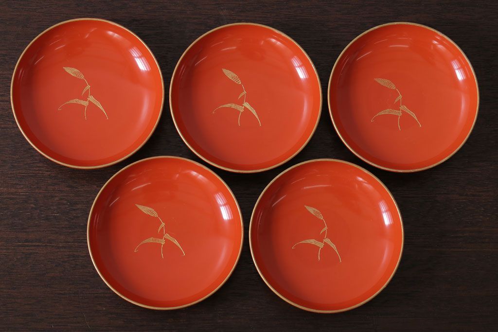 アンティーク雑貨　和製アンティーク　上品な花鳥柄の沈金朱塗椀5客セット