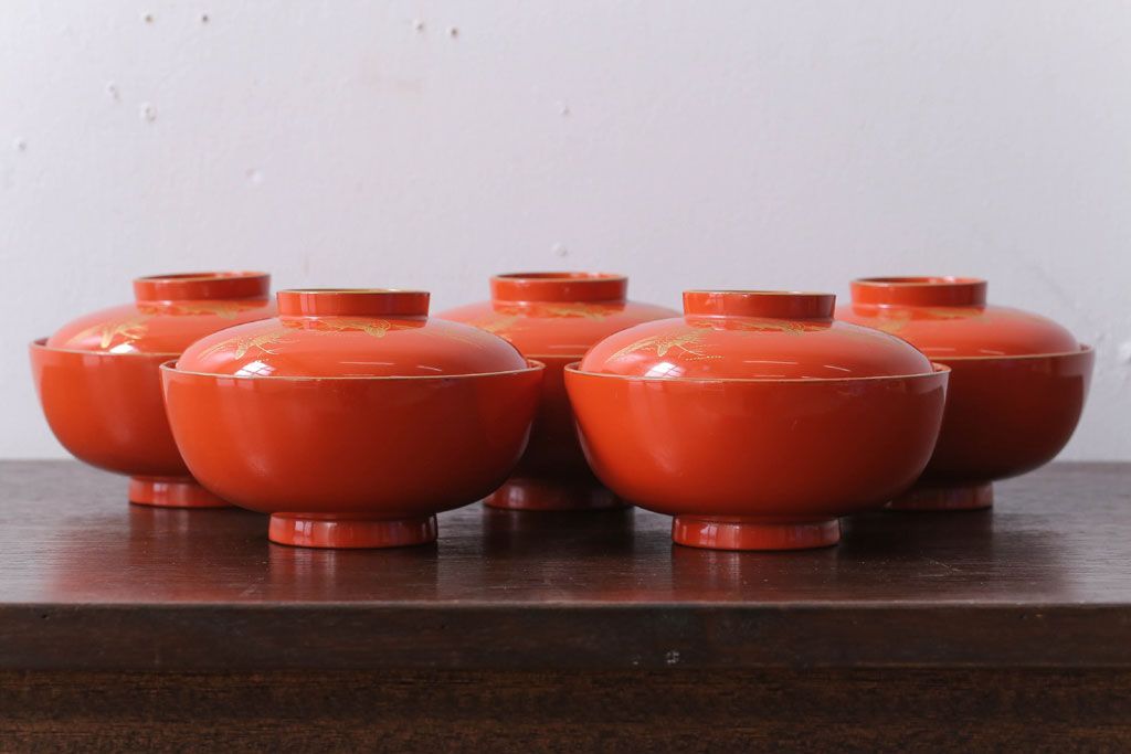 和製アンティーク　上品な花鳥柄の沈金朱塗椀5客セット(2)