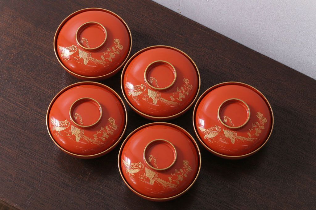 和製アンティーク　上品な花鳥柄の沈金朱塗椀5客セット(2)