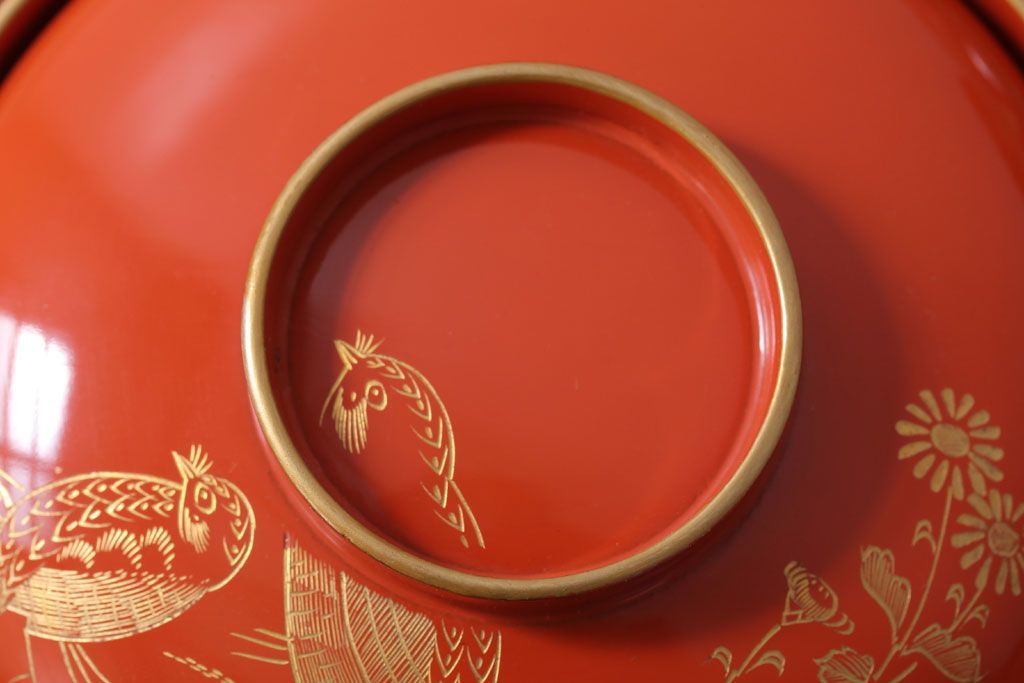 和製アンティーク　上品な花鳥柄の沈金朱塗椀5客セット(2)