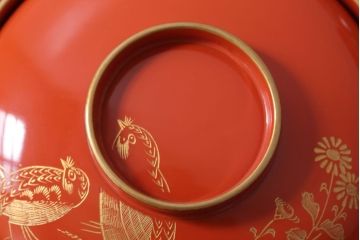 和製アンティーク　上品な花鳥柄の沈金朱塗椀5客セット(2)