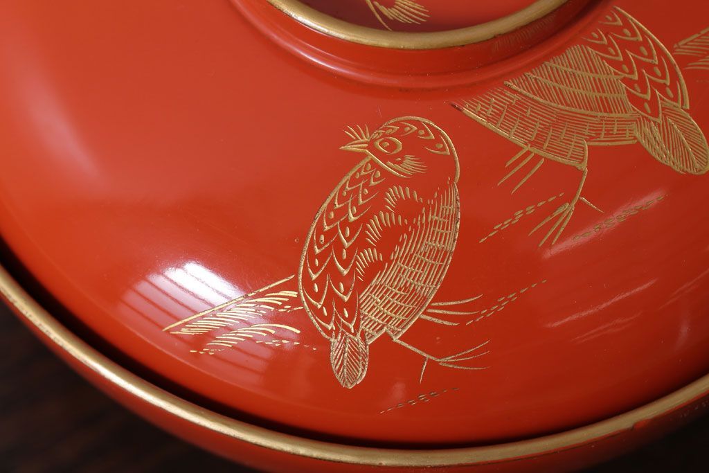 和製アンティーク　上品な花鳥柄の沈金朱塗椀5客セット(2)