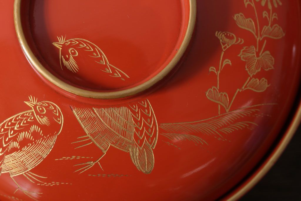 和製アンティーク　上品な花鳥柄の沈金朱塗椀5客セット(2)