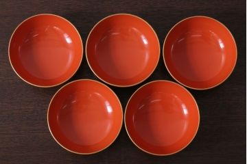 和製アンティーク　上品な花鳥柄の沈金朱塗椀5客セット(2)