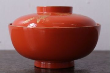 和製アンティーク　上品な花鳥柄の沈金朱塗椀5客セット(2)