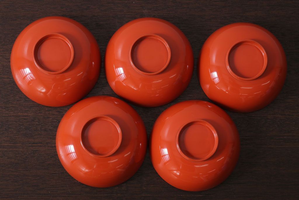 和製アンティーク　上品な花鳥柄の沈金朱塗椀5客セット(2)