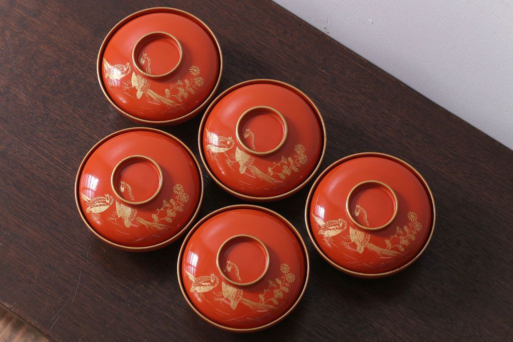 アンティーク雑貨　和製アンティーク　上品な花鳥柄の沈金朱塗椀5客セット(3)