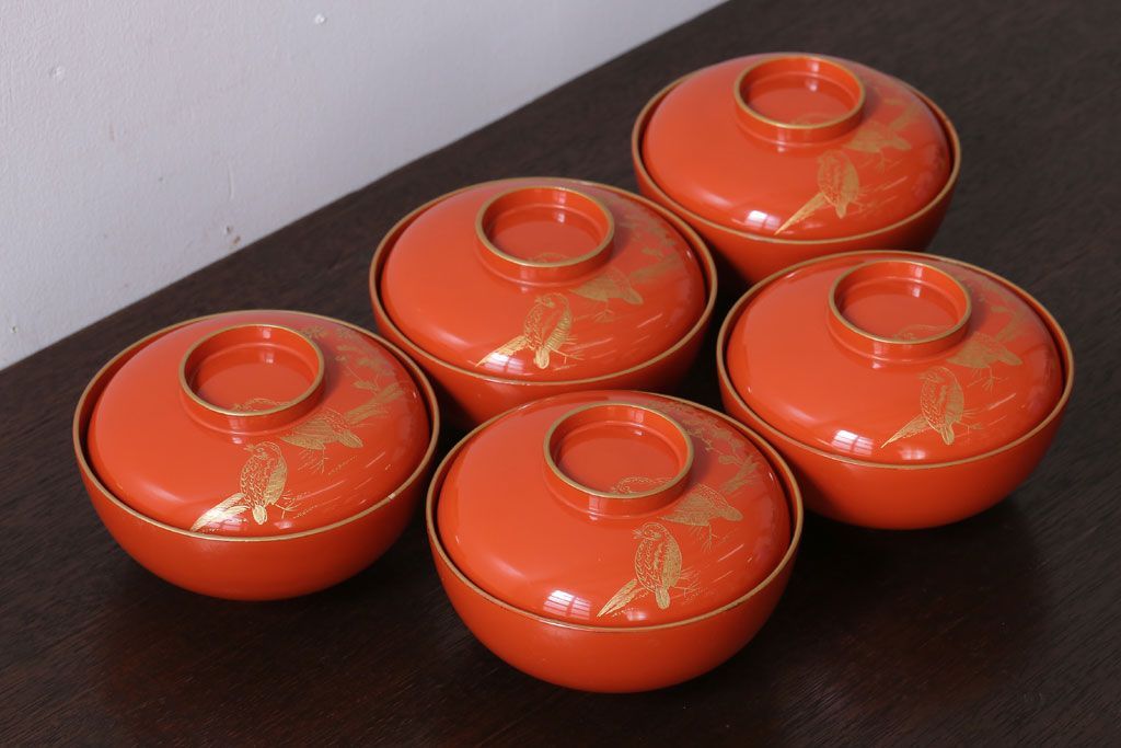 アンティーク雑貨　和製アンティーク　上品な花鳥柄の沈金朱塗椀5客セット(3)