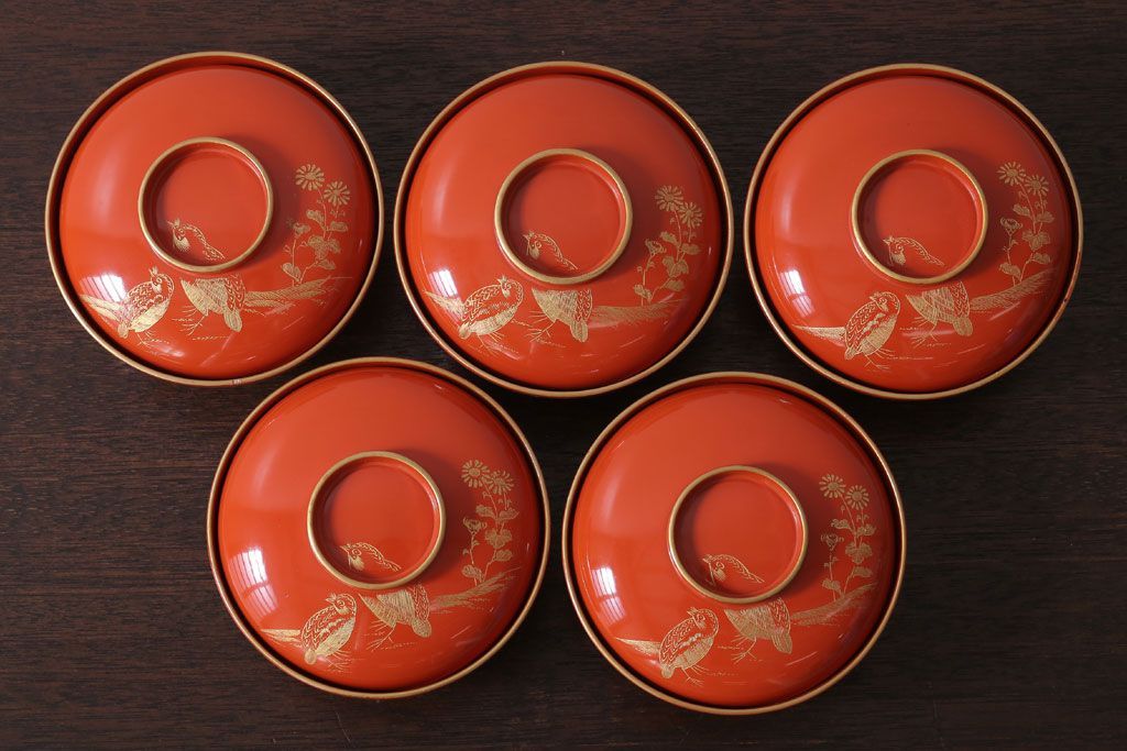アンティーク雑貨　和製アンティーク　上品な花鳥柄の沈金朱塗椀5客セット(3)