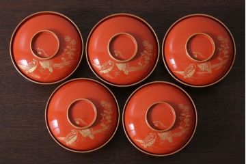 アンティーク雑貨　和製アンティーク　上品な花鳥柄の沈金朱塗椀5客セット(3)