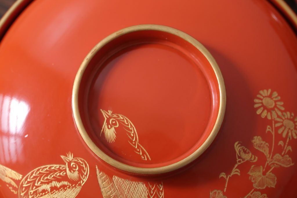 アンティーク雑貨　和製アンティーク　上品な花鳥柄の沈金朱塗椀5客セット(3)