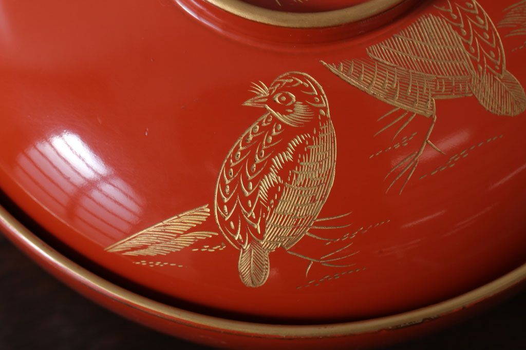 アンティーク雑貨　和製アンティーク　上品な花鳥柄の沈金朱塗椀5客セット(3)