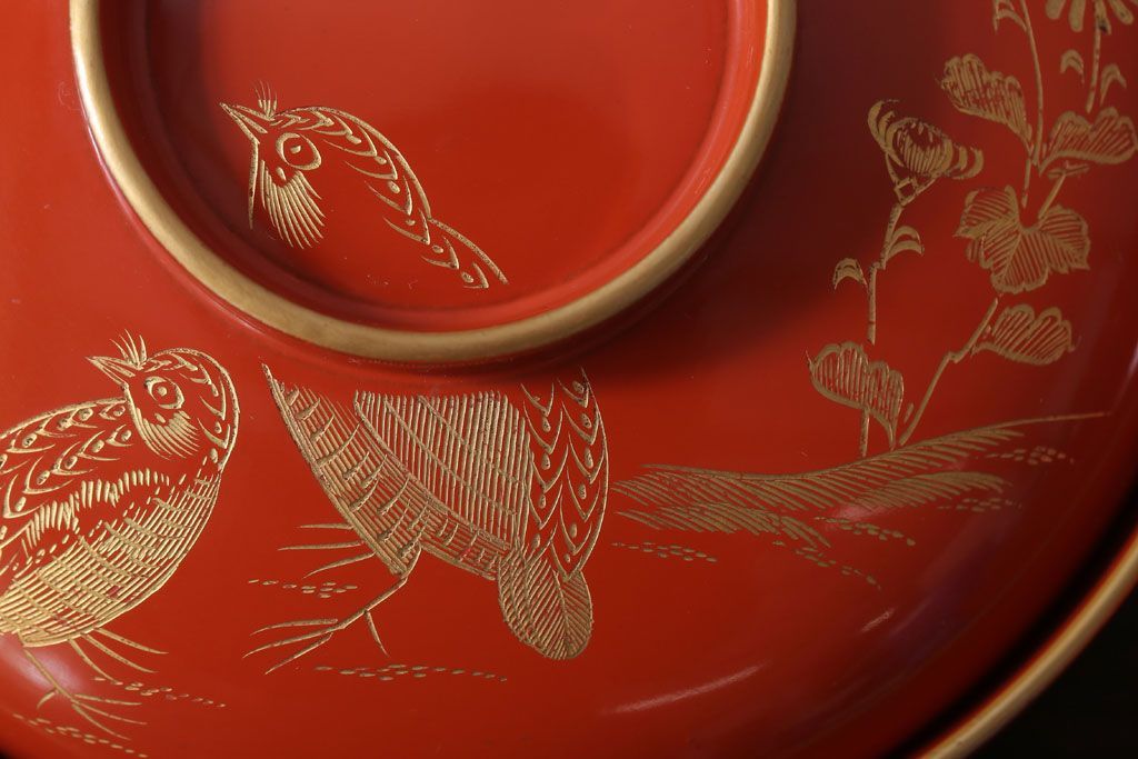 アンティーク雑貨　和製アンティーク　上品な花鳥柄の沈金朱塗椀5客セット(3)