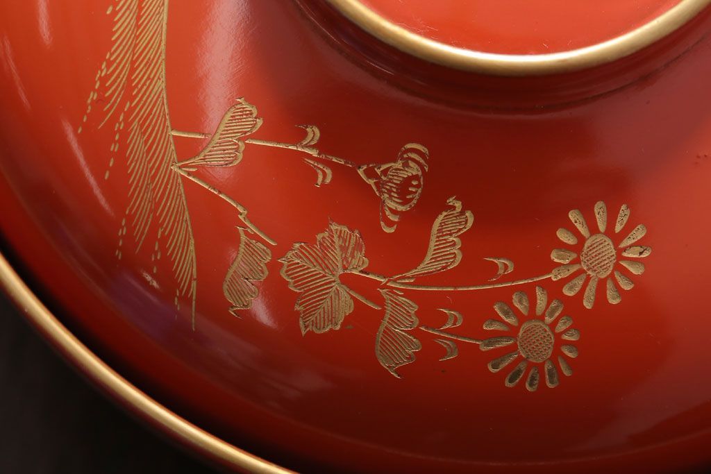 アンティーク雑貨　和製アンティーク　上品な花鳥柄の沈金朱塗椀5客セット(3)