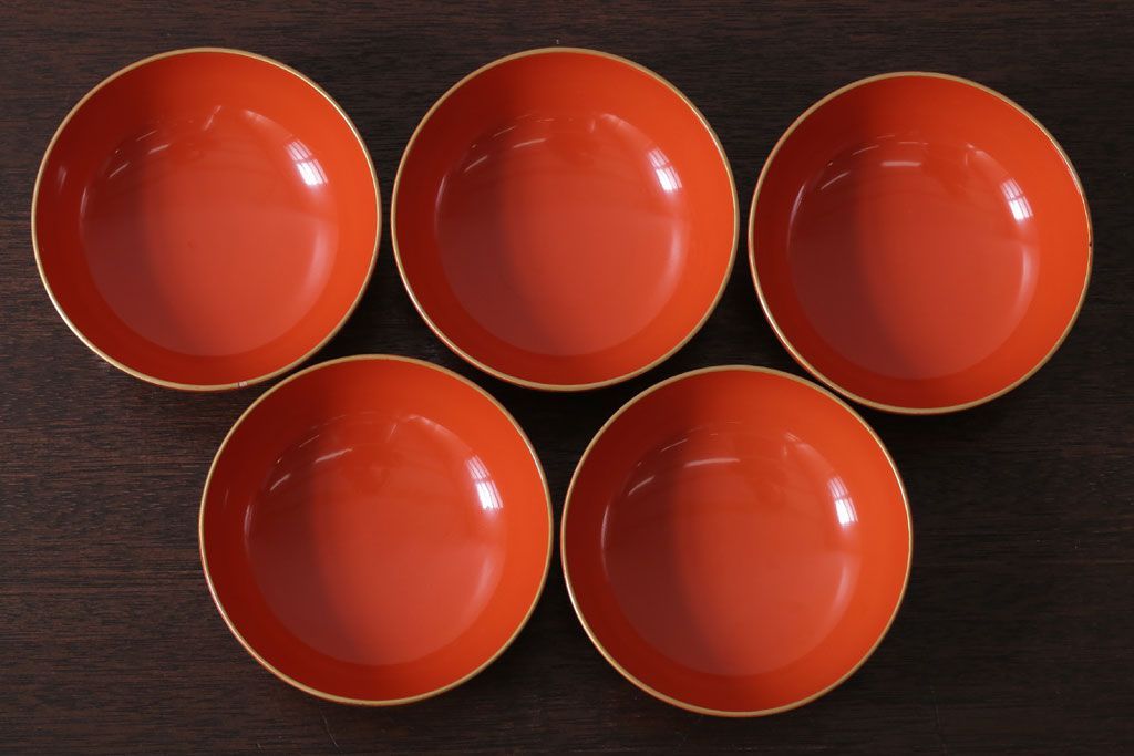 アンティーク雑貨　和製アンティーク　上品な花鳥柄の沈金朱塗椀5客セット(3)