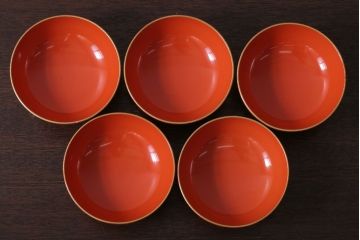 アンティーク雑貨　和製アンティーク　上品な花鳥柄の沈金朱塗椀5客セット(3)