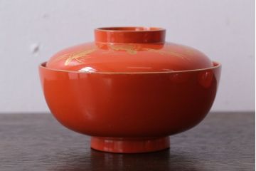 アンティーク雑貨　和製アンティーク　上品な花鳥柄の沈金朱塗椀5客セット(3)