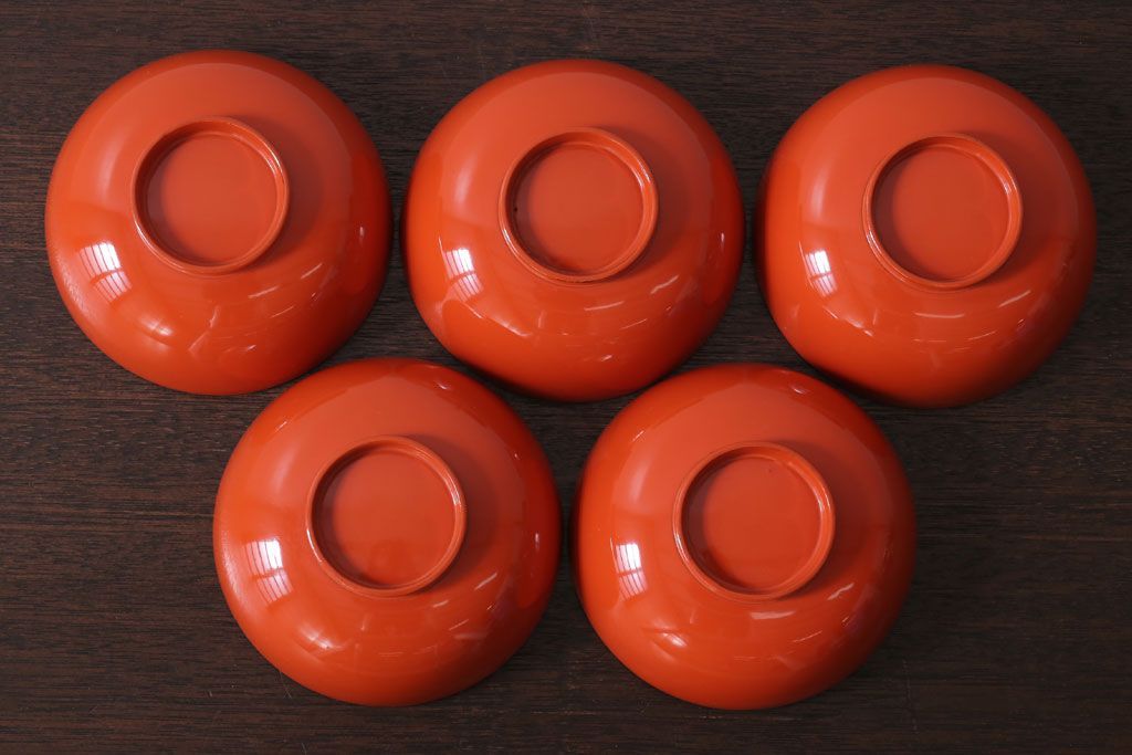 アンティーク雑貨　和製アンティーク　上品な花鳥柄の沈金朱塗椀5客セット(3)