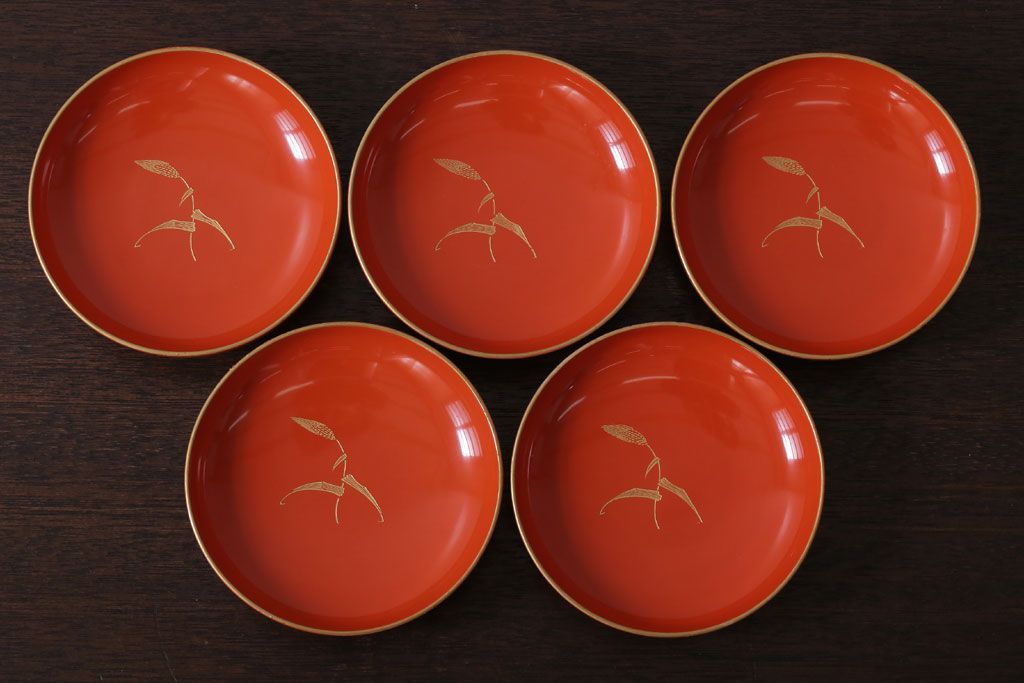 アンティーク雑貨　和製アンティーク　上品な花鳥柄の沈金朱塗椀5客セット(3)