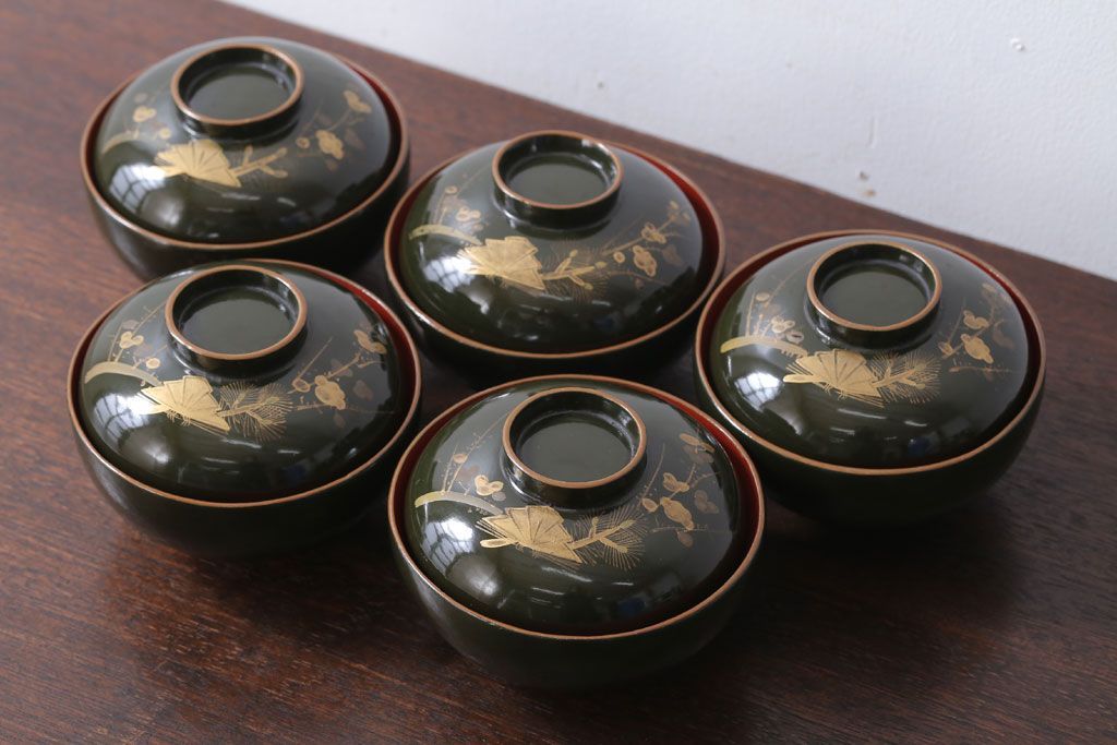 アンティーク雑貨　和製アンティーク　大正〜昭和初期　漆塗りの木製椀5客セット