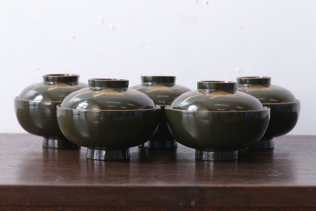 アンティーク雑貨　和製アンティーク　大正〜昭和初期　漆塗りの木製椀5客セット