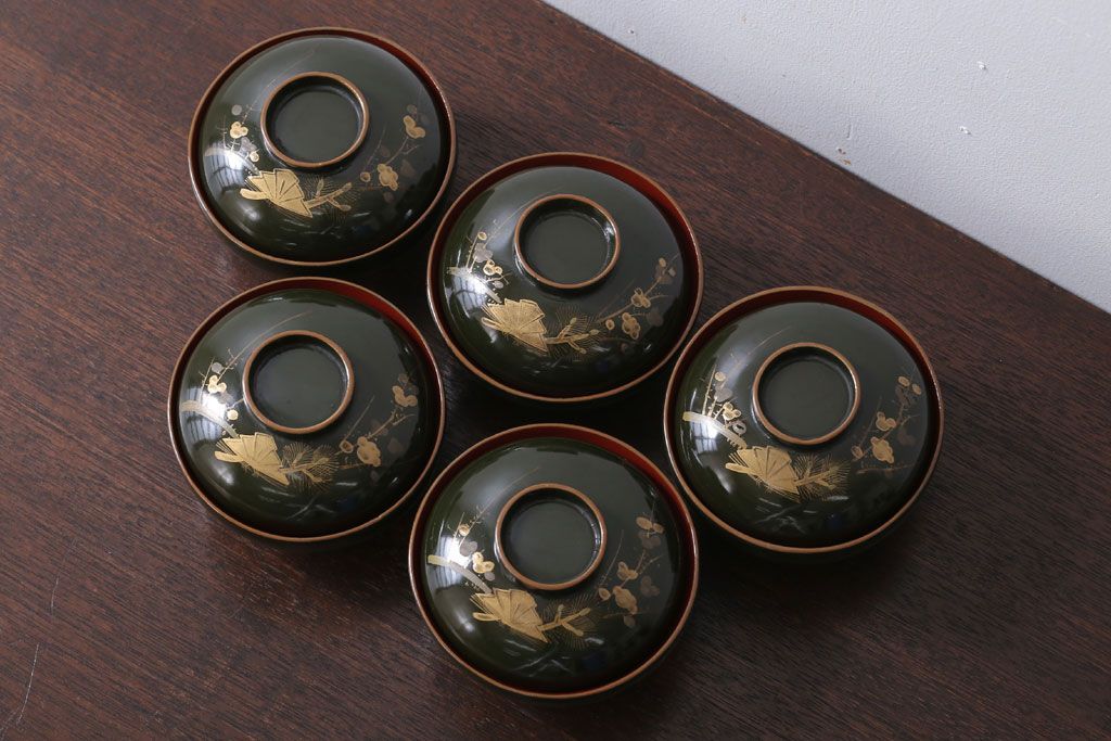 アンティーク雑貨　和製アンティーク　大正〜昭和初期　漆塗りの木製椀5客セット