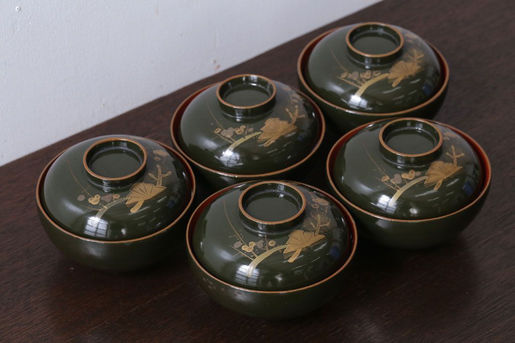 アンティーク雑貨　和製アンティーク　大正〜昭和初期　漆塗りの木製椀5客セット