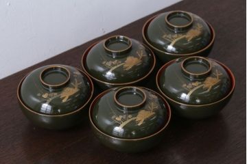 アンティーク雑貨　和製アンティーク　大正〜昭和初期　漆塗りの木製椀5客セット