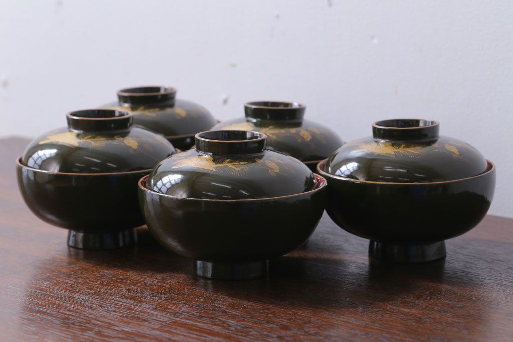 アンティーク雑貨　和製アンティーク　大正〜昭和初期　漆塗りの木製椀5客セット