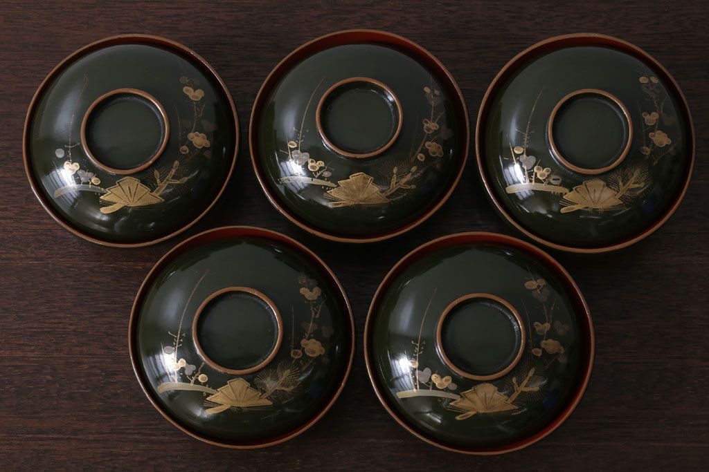 アンティーク雑貨　和製アンティーク　大正〜昭和初期　漆塗りの木製椀5客セット