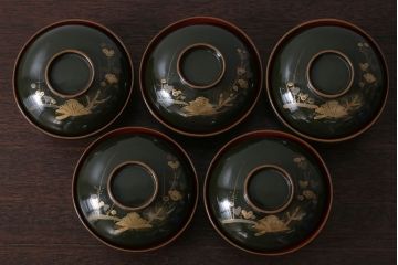 アンティーク雑貨　和製アンティーク　大正〜昭和初期　漆塗りの木製椀5客セット