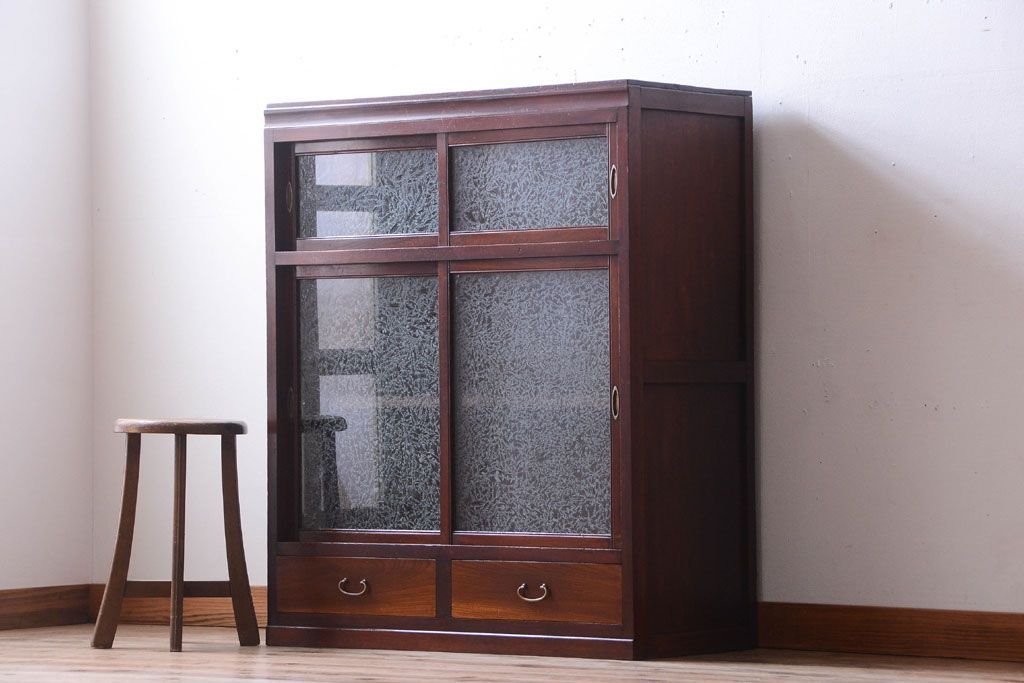 アンティーク家具　和製アンティーク　引き出し2杯付き!結霜ガラス引き戸の収納棚