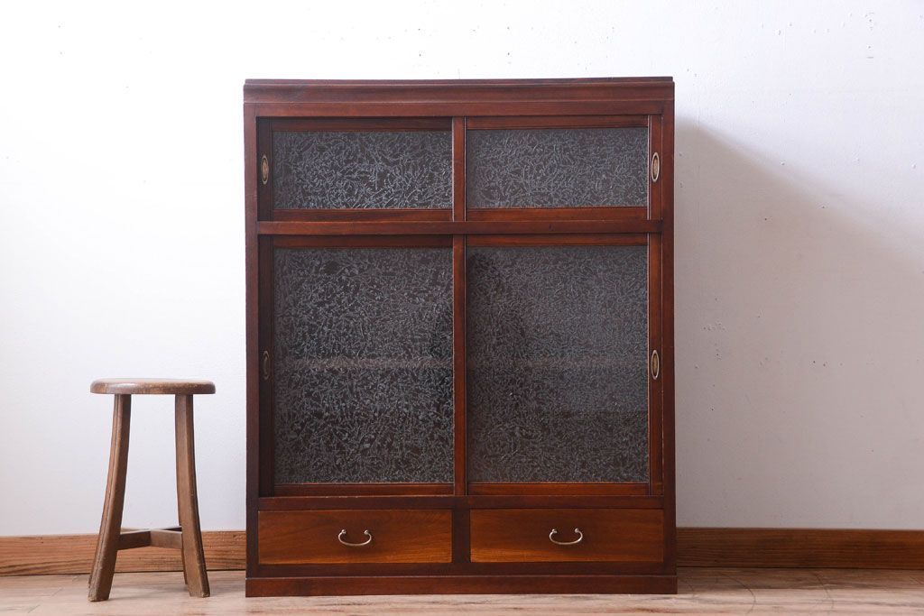 アンティーク家具　和製アンティーク　引き出し2杯付き!結霜ガラス引き戸の収納棚