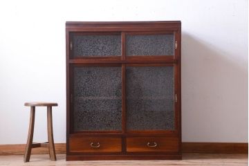 アンティーク家具　和製アンティーク　引き出し2杯付き!結霜ガラス引き戸の収納棚