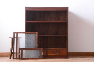 アンティーク家具　和製アンティーク　引き出し2杯付き!結霜ガラス引き戸の収納棚