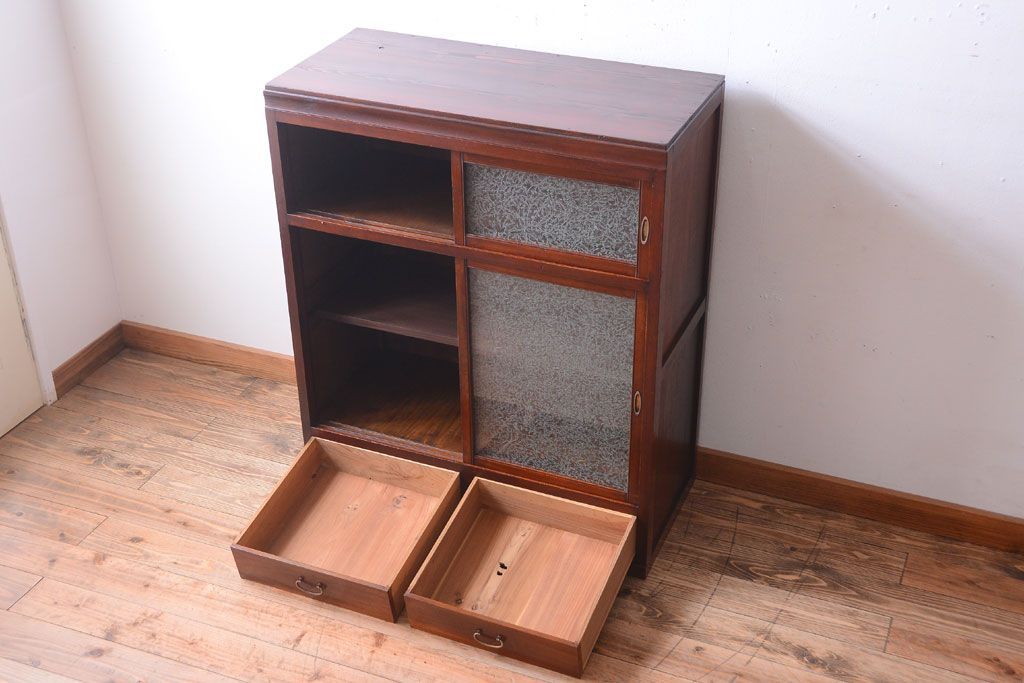 アンティーク家具　和製アンティーク　引き出し2杯付き!結霜ガラス引き戸の収納棚