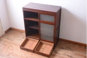 アンティーク家具　和製アンティーク　引き出し2杯付き!結霜ガラス引き戸の収納棚
