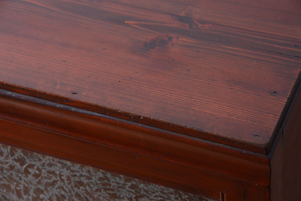 アンティーク家具　和製アンティーク　引き出し2杯付き!結霜ガラス引き戸の収納棚