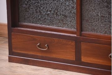 アンティーク家具　和製アンティーク　引き出し2杯付き!結霜ガラス引き戸の収納棚