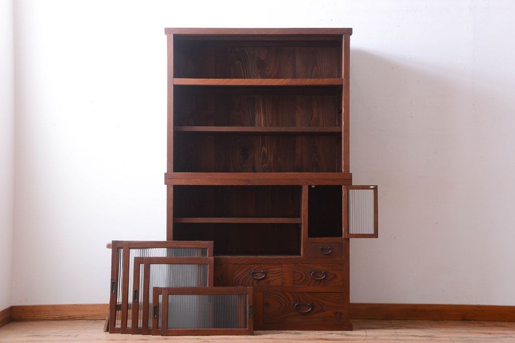 アンティーク家具　和製アンティーク　前面欅材!2段重ねのモールガラス引き戸収納棚(2)