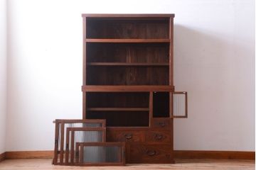 アンティーク家具　和製アンティーク　前面欅材!2段重ねのモールガラス引き戸収納棚(2)