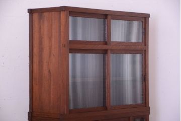 アンティーク家具　和製アンティーク　前面欅材!2段重ねのモールガラス引き戸収納棚(2)