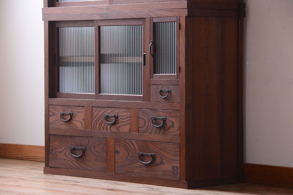 アンティーク家具　和製アンティーク　前面欅材!2段重ねのモールガラス引き戸収納棚(2)