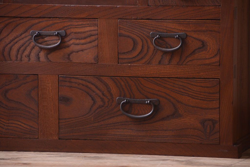 アンティーク家具　和製アンティーク　前面欅材!2段重ねのモールガラス引き戸収納棚(2)