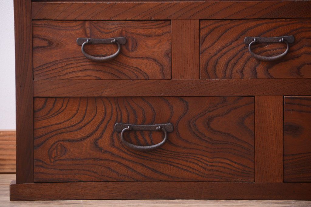 アンティーク家具　和製アンティーク　前面欅材!2段重ねのモールガラス引き戸収納棚(2)