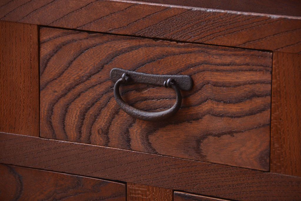 アンティーク家具　和製アンティーク　前面欅材!2段重ねのモールガラス引き戸収納棚(2)