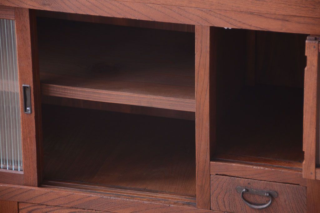 アンティーク家具　和製アンティーク　前面欅材!2段重ねのモールガラス引き戸収納棚(2)