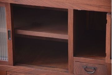 アンティーク家具　和製アンティーク　前面欅材!2段重ねのモールガラス引き戸収納棚(2)