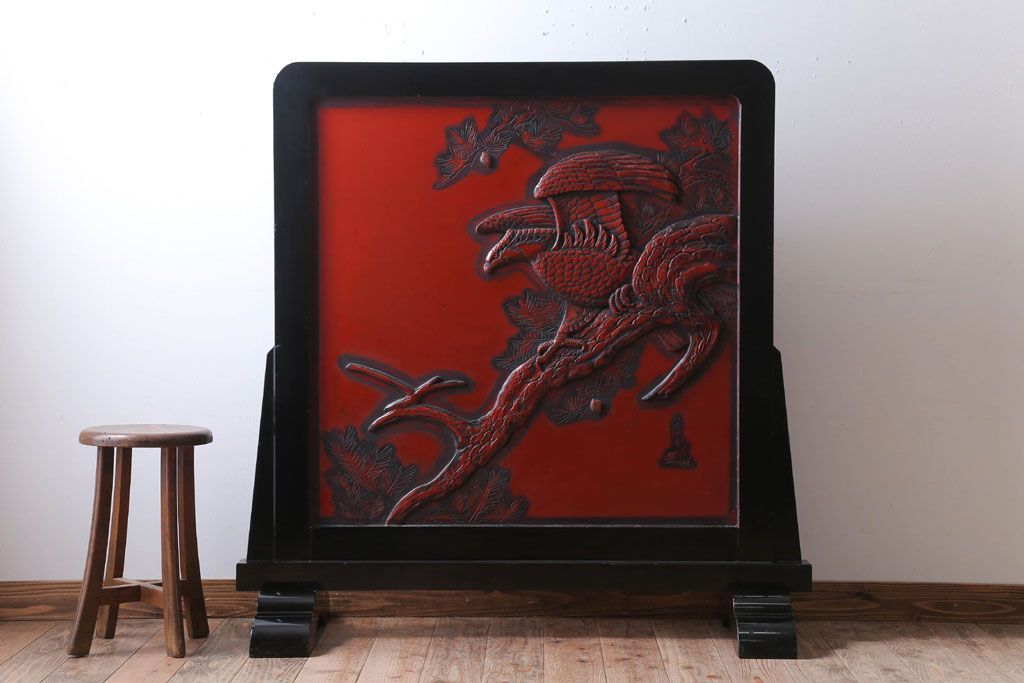 アンティーク　村上堆朱　芳月銘　松に鷹(鷲)の図　衝立(パーテーション)